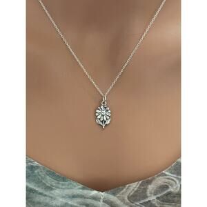 Sterling Silver Flower with Stem and Leaves Necklace